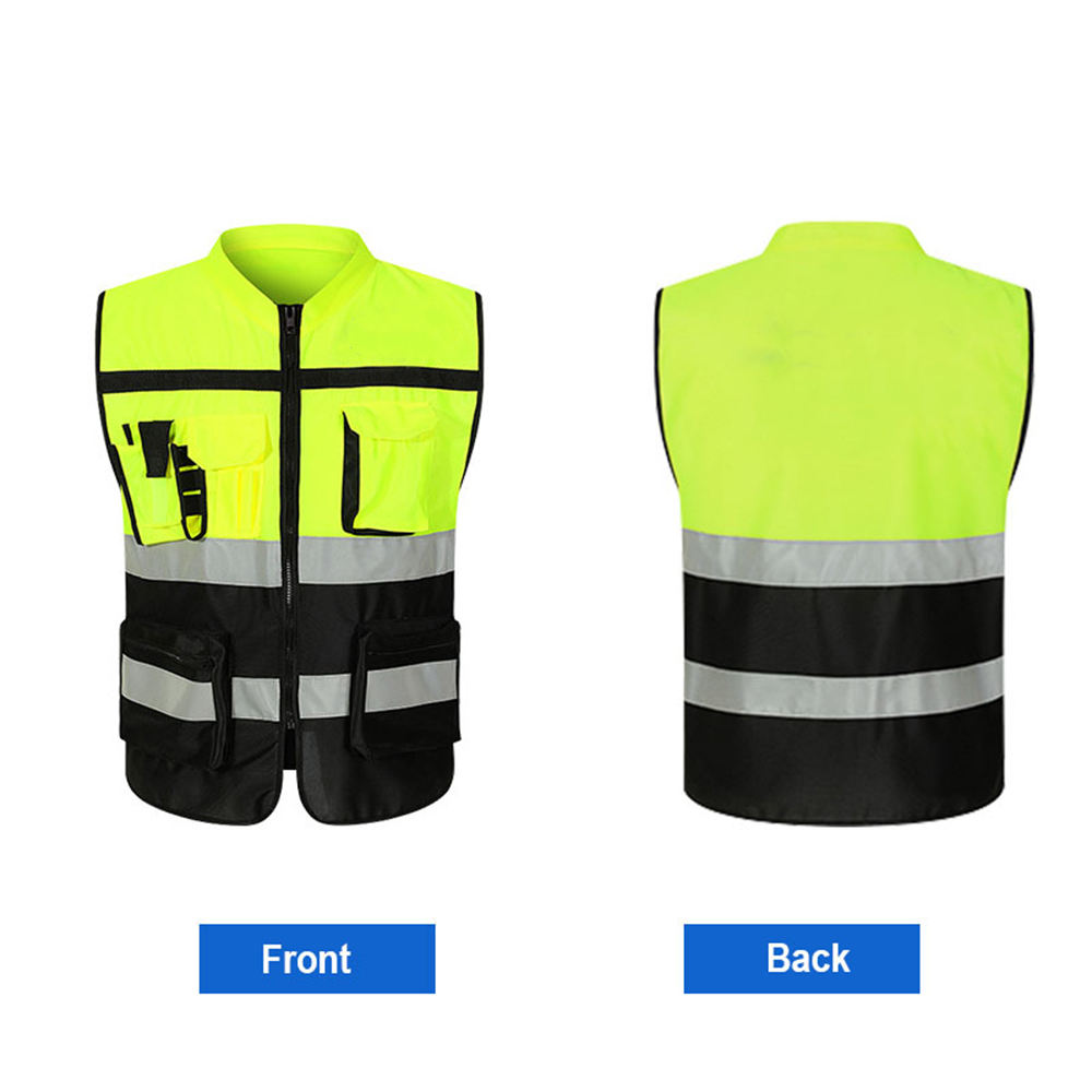 Hestic Sports Wear Customized Black Reflective Safety Vest Company Logo With Pockets Custom Color Fluorescent Visibility Work Class 2 Safety Vest